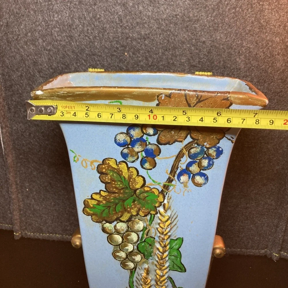 Vintage 1950 Hand Painted Blue Pottery Vase Floral Wheat Motif Mid Century Decor